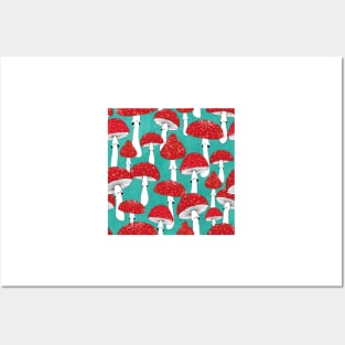 Red mushrooms on turquoise blue Posters and Art